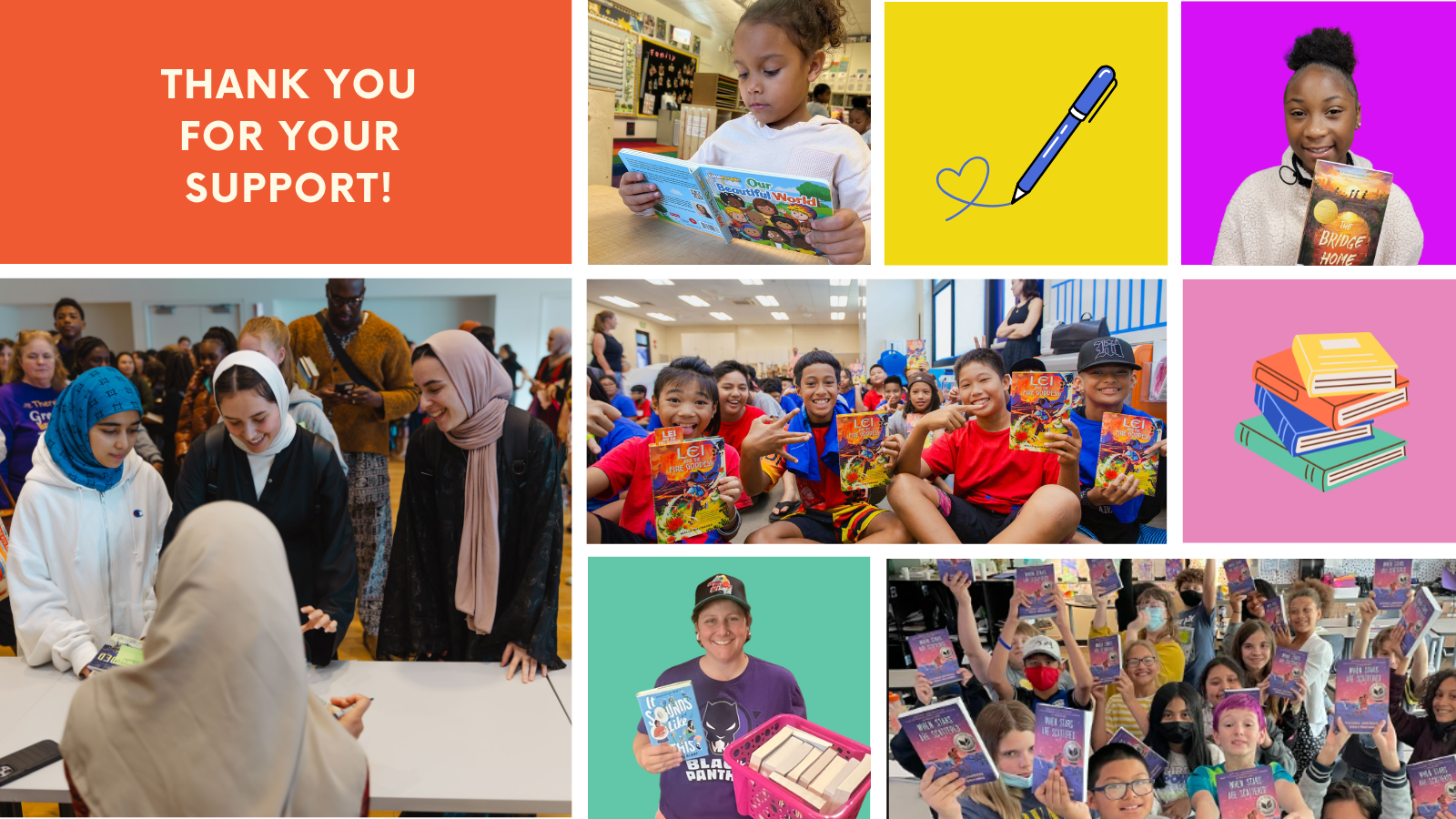 A colorful graphic with photos of children reading and holding up books, along w
